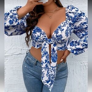 SHEIN Blue and White Floral Blouse